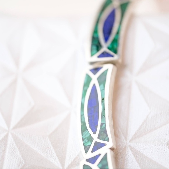 Vintage .925 Sterling Silver Choker Inlay necklace Lazuli Lapis & Malachite 90s - Picture 10 of 16